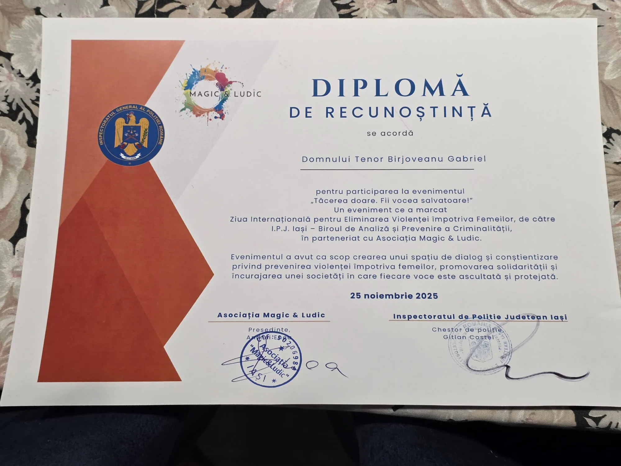 Diploma de Recunoștință acordată lui Gabriel Bîrjovanu de IPJ Iași și Asociația Magic & Ludic